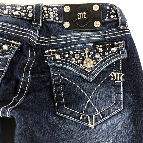 Miss Me Jeans Women's 27 Boot Cut Blue Stretch Denim Embellished Flap Pocket - Picture 10 of 16